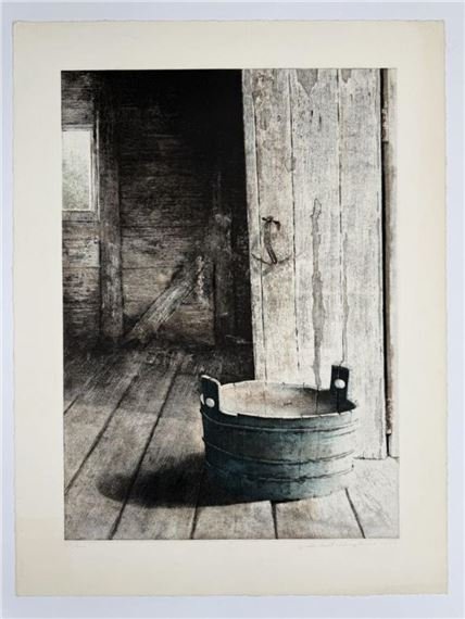 Still life of a bucket in a cabin doorway, by Hubert Shuptrine