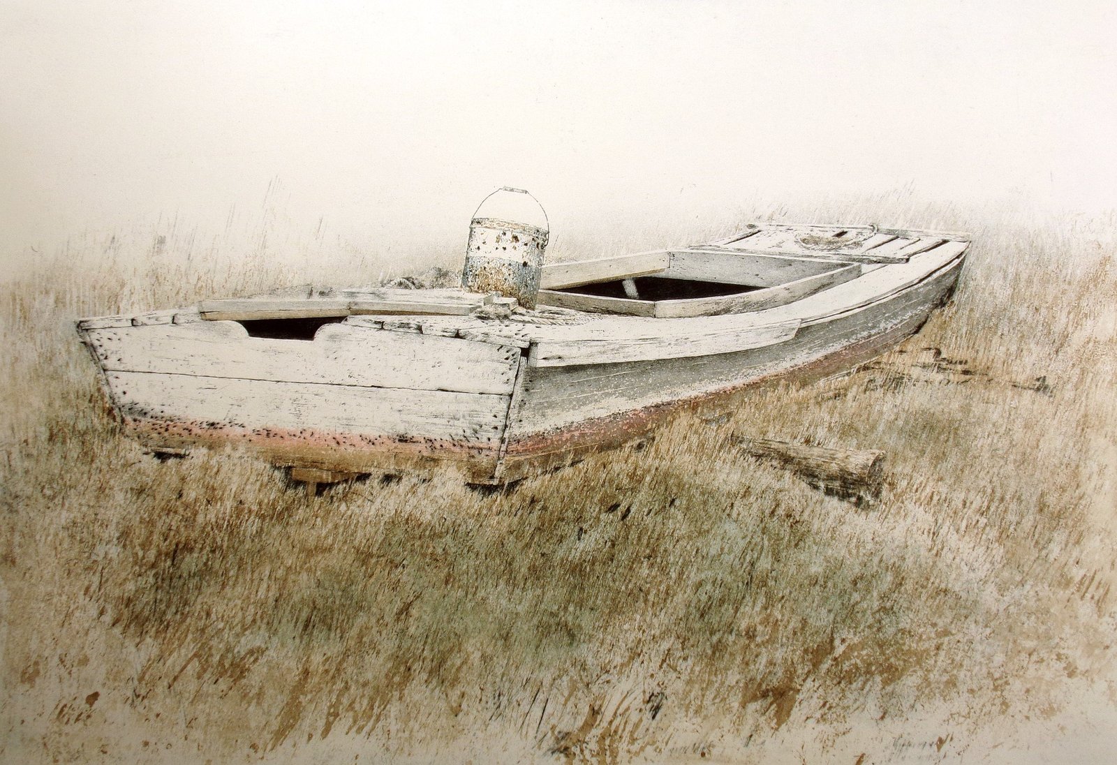 Weathered wooden boat in grass — watercolor by Hubert Shuptrine